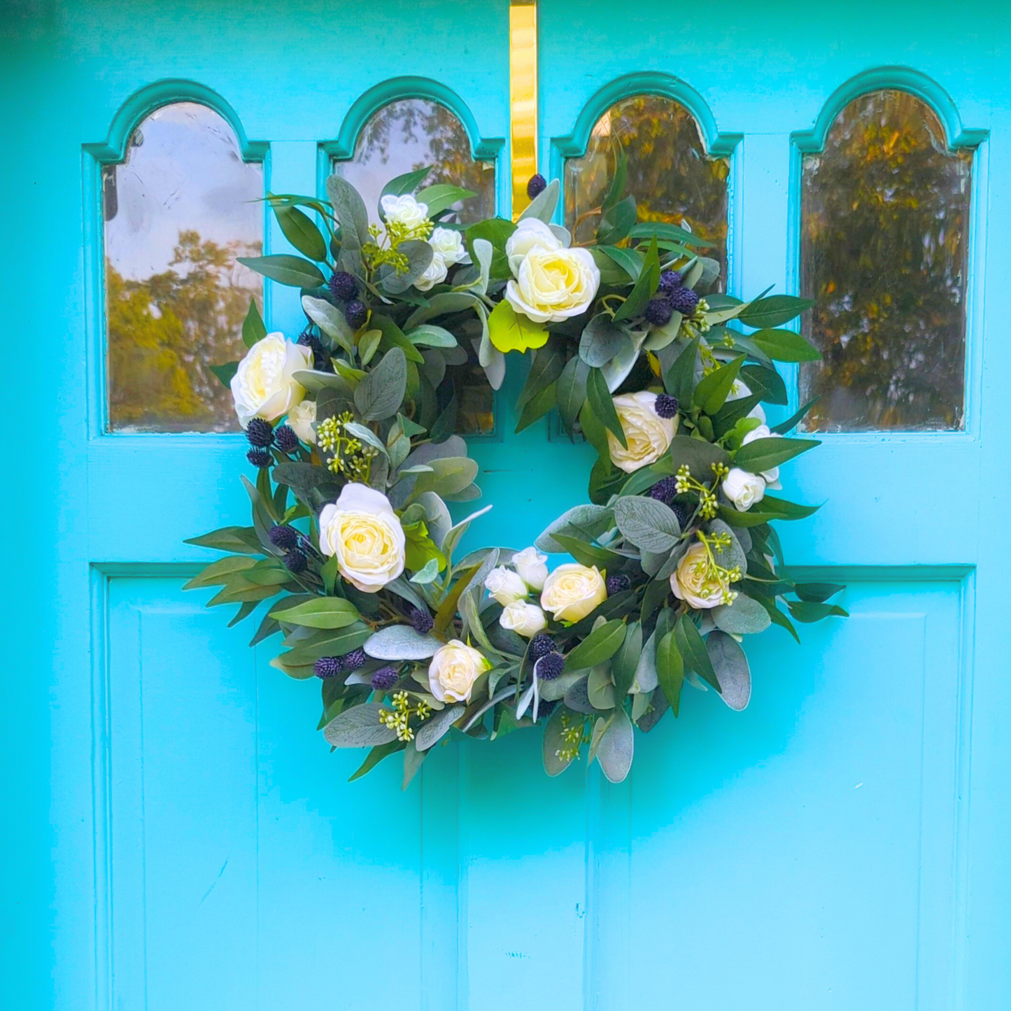 Navy and White Rose Eucalyptus Wreath for Front Door, Winter White Wreath, Winter Front Porch Decor, Winter Wreath for Christmas