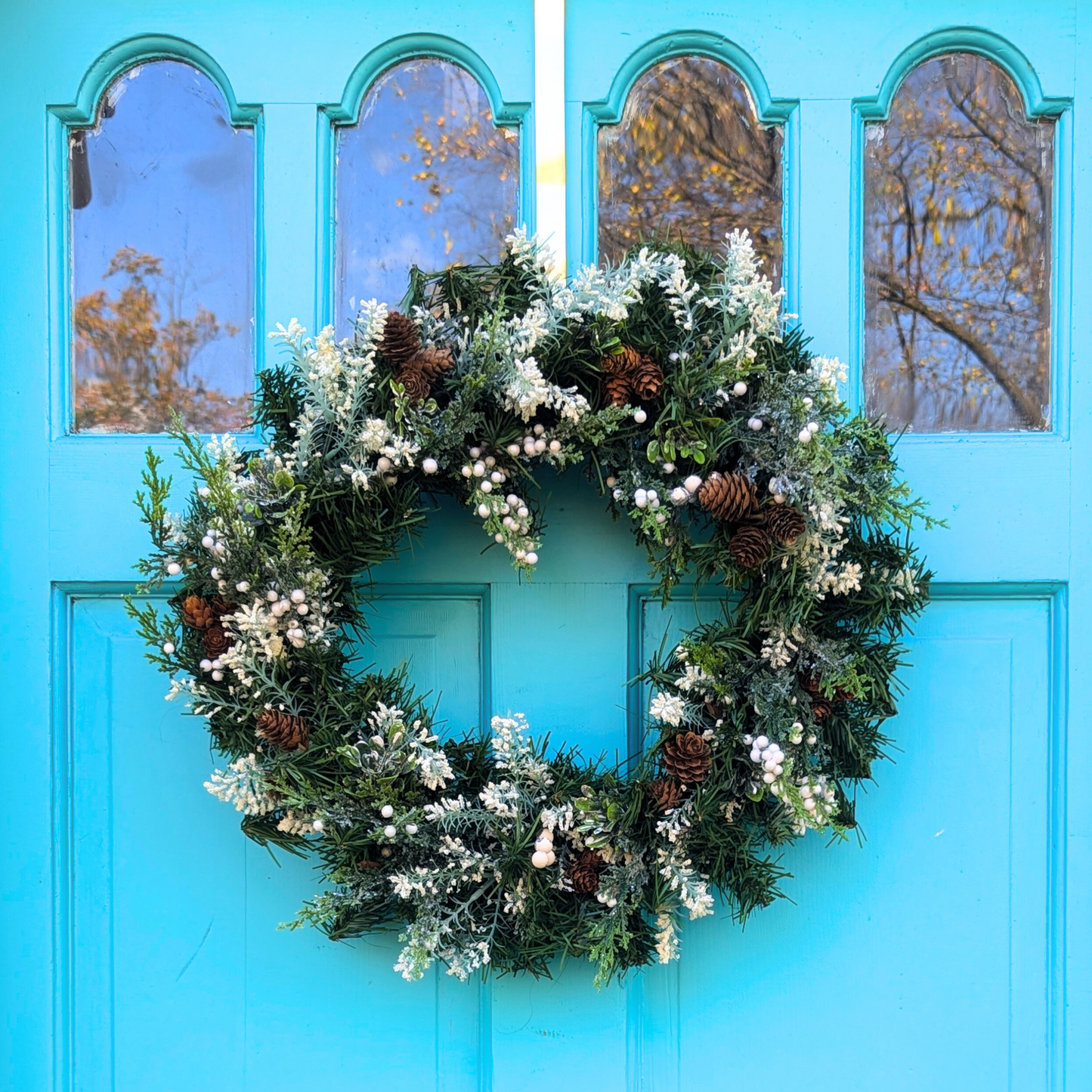 Rustic Winter Greenery Wreath with Pinecones and White Berries - Handmade Holiday Decor, White Christmas Wreath