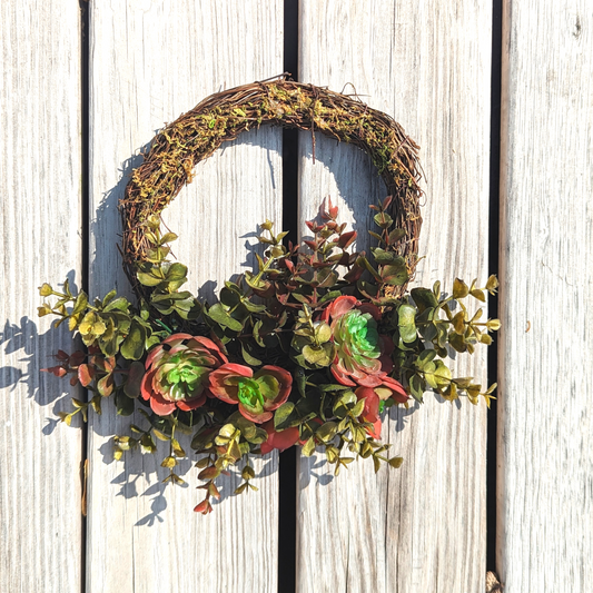 Dark Maroon Succulent Wreath, Eucalyptus Wreath, Moss Covered Wreath, Cottage Core Decor