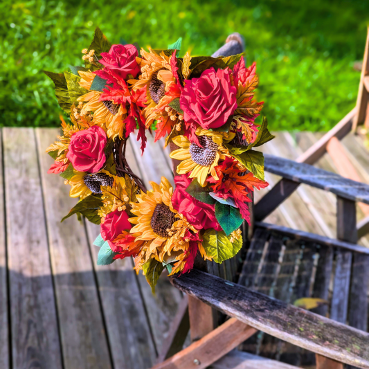 Autumn Rose and Sunflower Wreath for Fall Front Door, Fall Floral Wreath, Housewarming Gift for Fall Holiday, Thanksgiving Decor