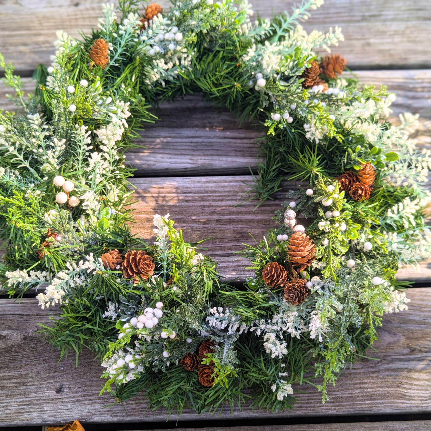 Rustic Winter Greenery Wreath with Pinecones and White Berries - Handmade Holiday Decor, White Christmas Wreath