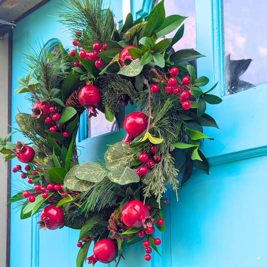 Handcrafted Winter Wonderland Wreath with Pomegranates, Pine, and Eucalyptus