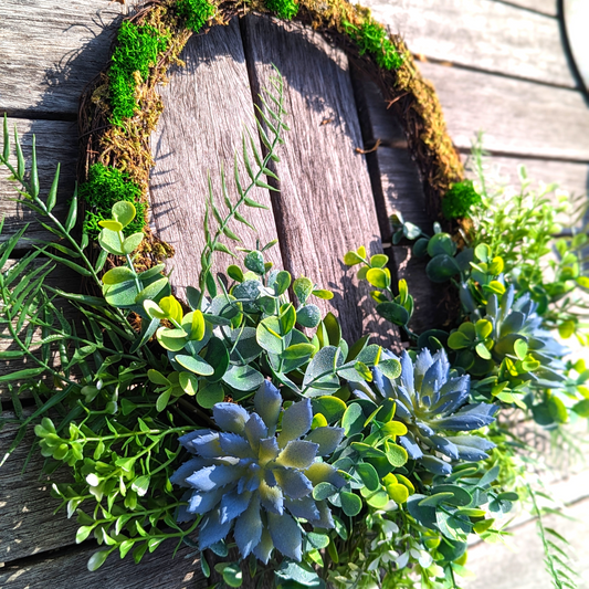 Blue and Green Succulent Wreath, Eucalyptus Wreath, Moss Covered Wreath, Cottage Core Decor, Fall Wreath