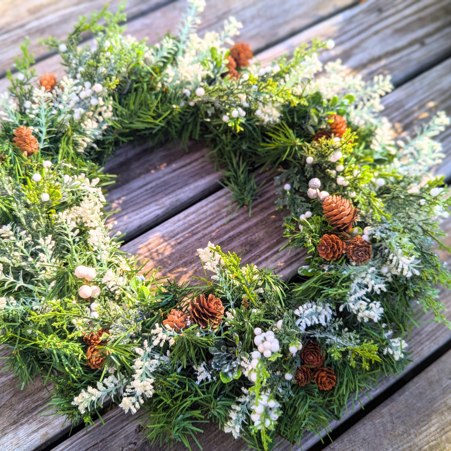 Rustic Winter Greenery Wreath with Pinecones and White Berries - Handmade Holiday Decor, White Christmas Wreath