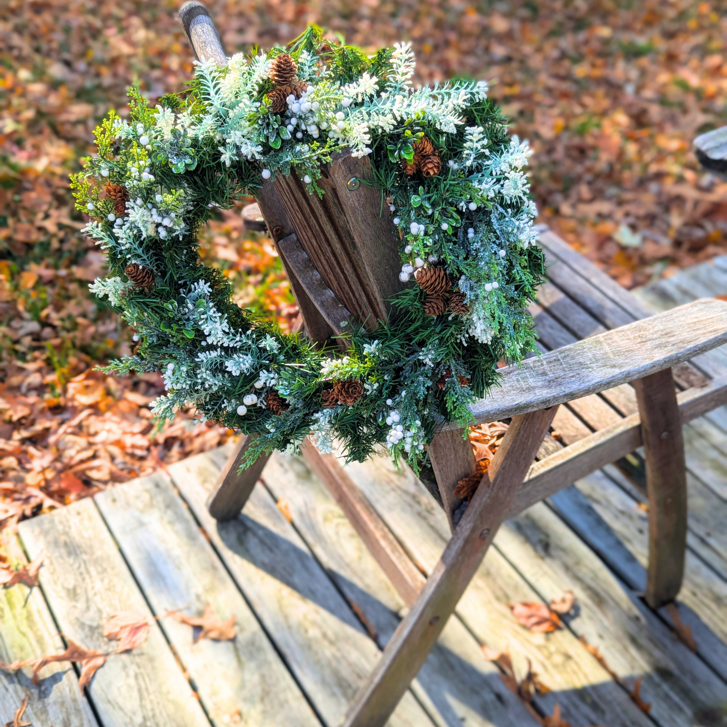 Rustic Winter Greenery Wreath with Pinecones and White Berries - Handmade Holiday Decor, White Christmas Wreath