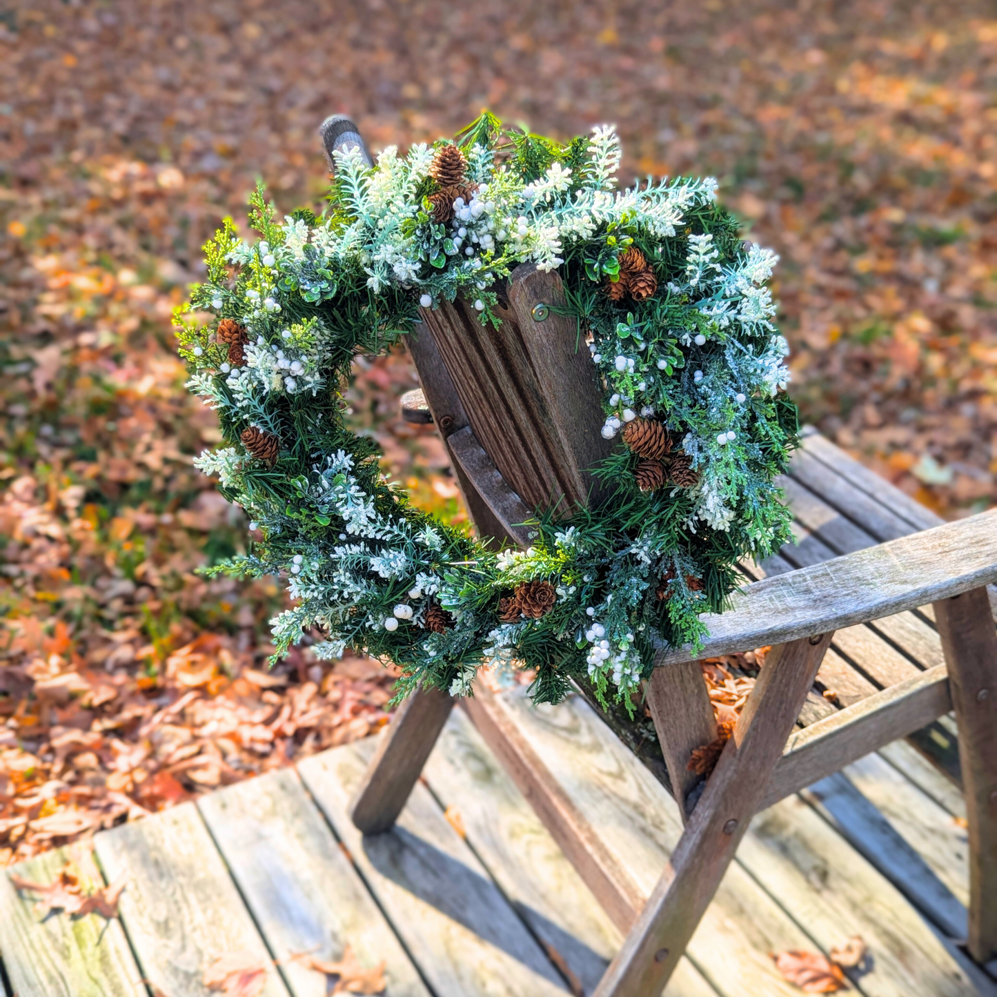 Rustic Winter Greenery Wreath with Pinecones and White Berries - Handmade Holiday Decor, White Christmas Wreath