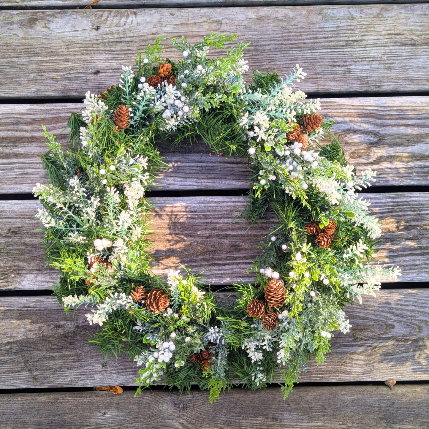 Rustic Winter Greenery Wreath with Pinecones and White Berries - Handmade Holiday Decor, White Christmas Wreath