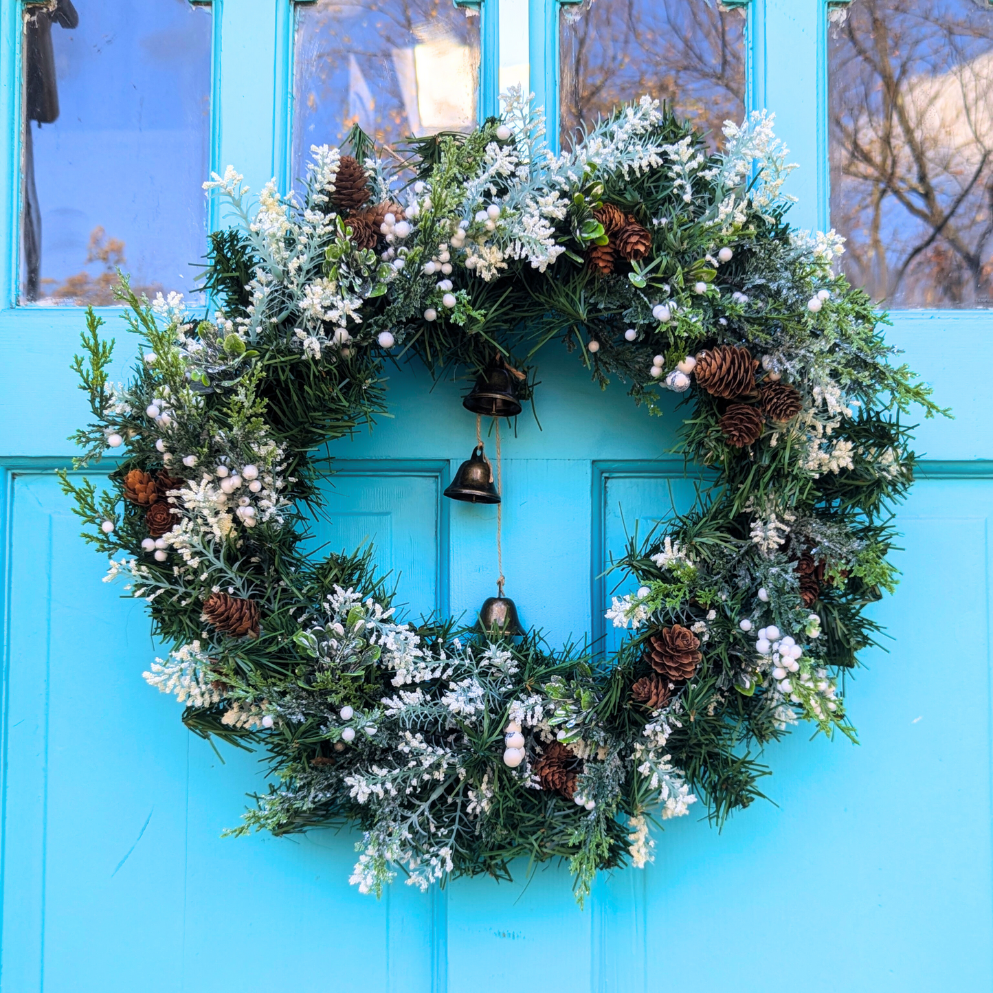 Rustic Winter Greenery Wreath with Pinecones and White Berries - Handmade Holiday Decor, White Christmas Wreath