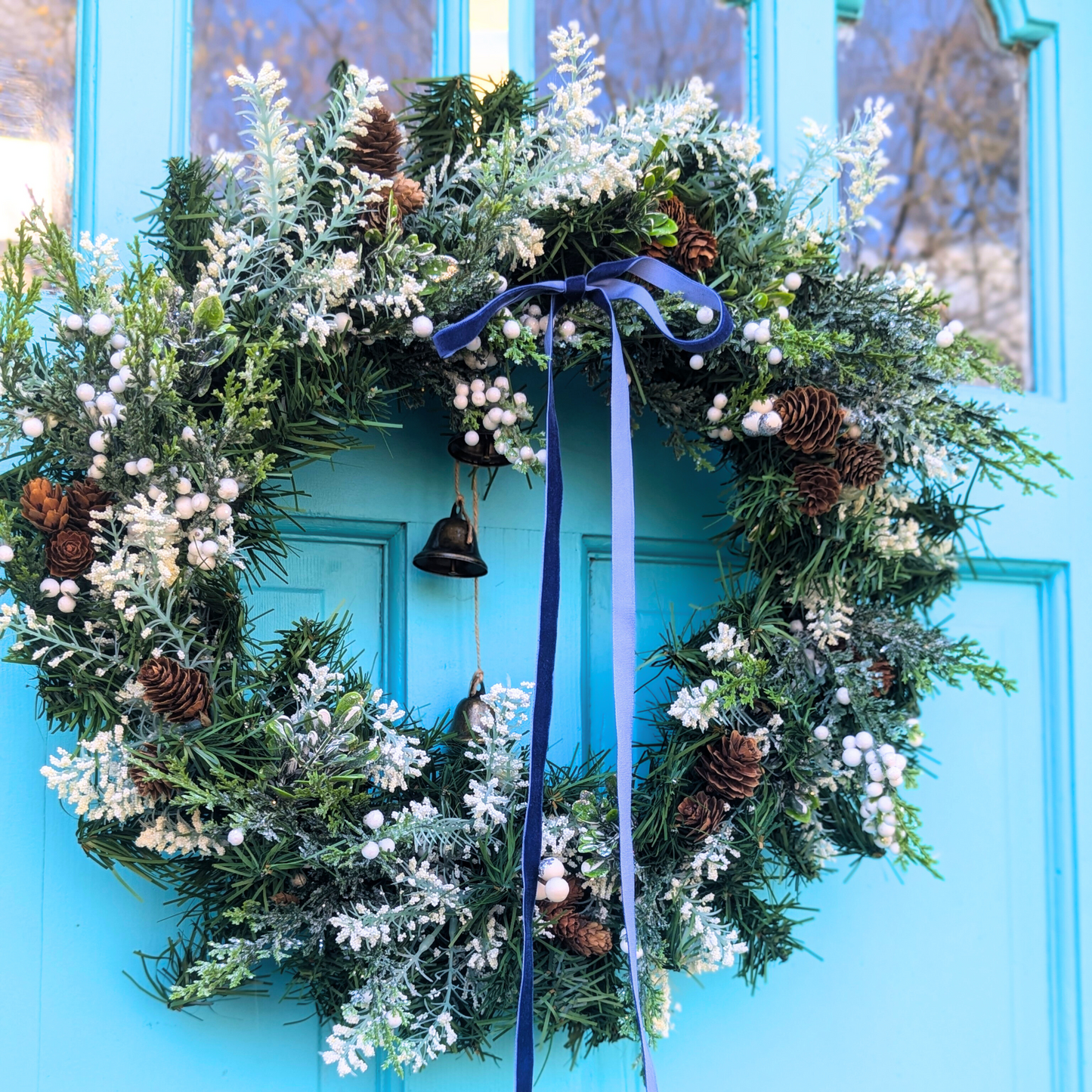 Rustic Winter Greenery Wreath with Pinecones and White Berries - Handmade Holiday Decor, White Christmas Wreath