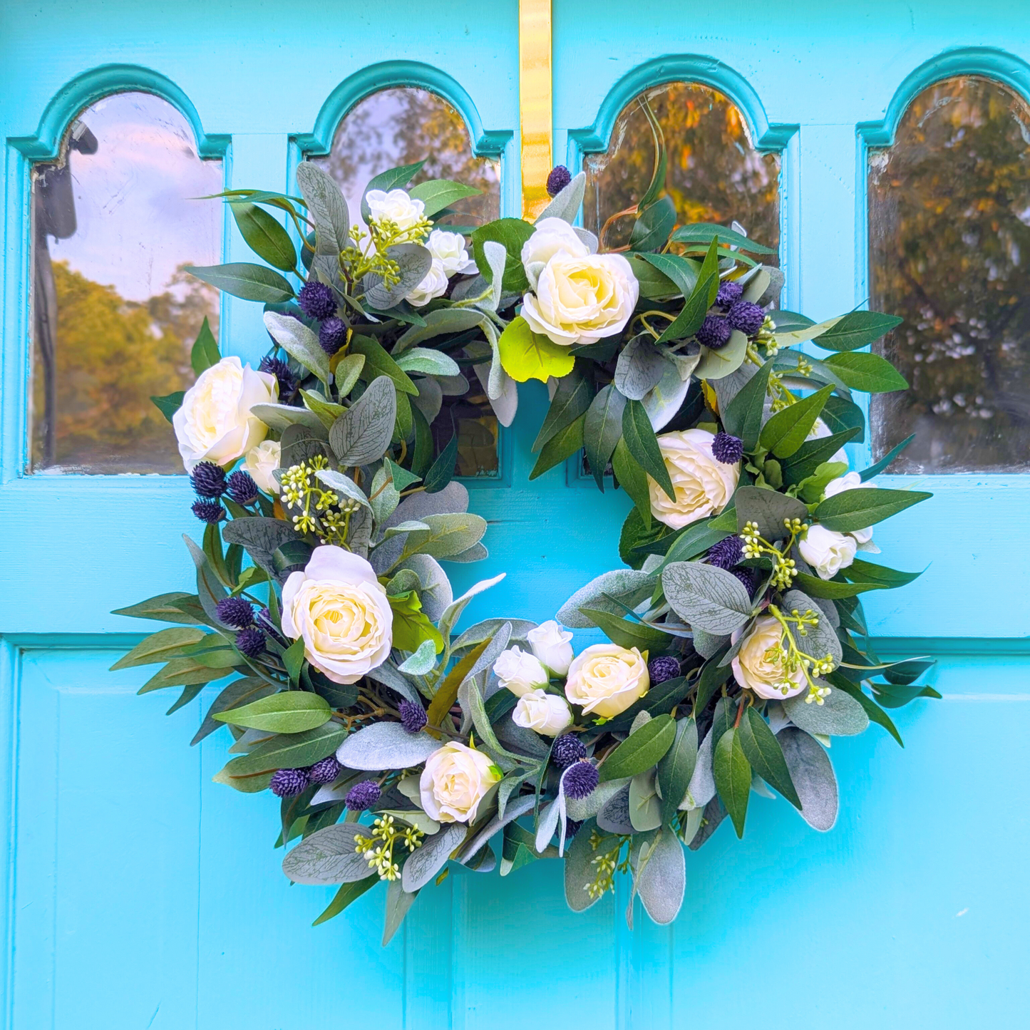 Navy and White Rose Eucalyptus Wreath for Front Door, Winter White Wreath, Winter Front Porch Decor, Winter Wreath for Christmas