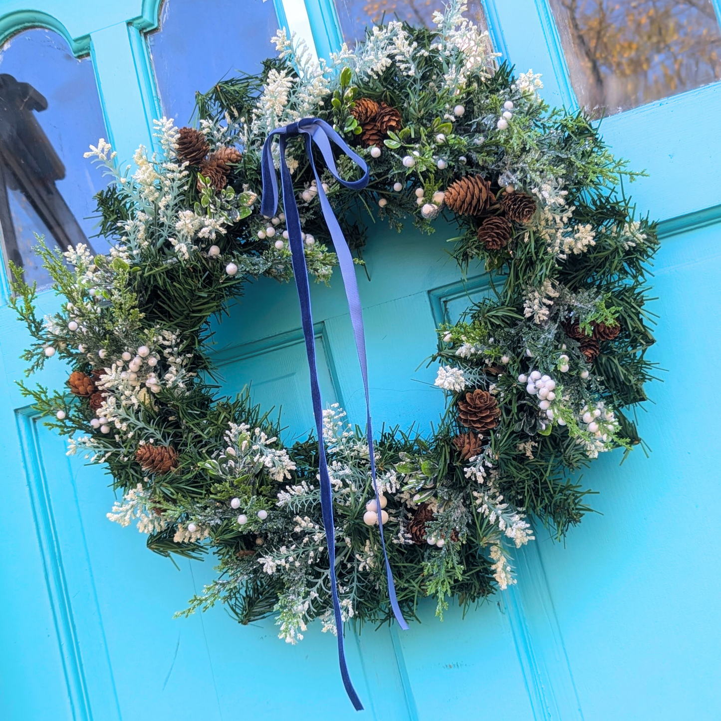 Rustic Winter Greenery Wreath with Pinecones and White Berries - Handmade Holiday Decor, White Christmas Wreath