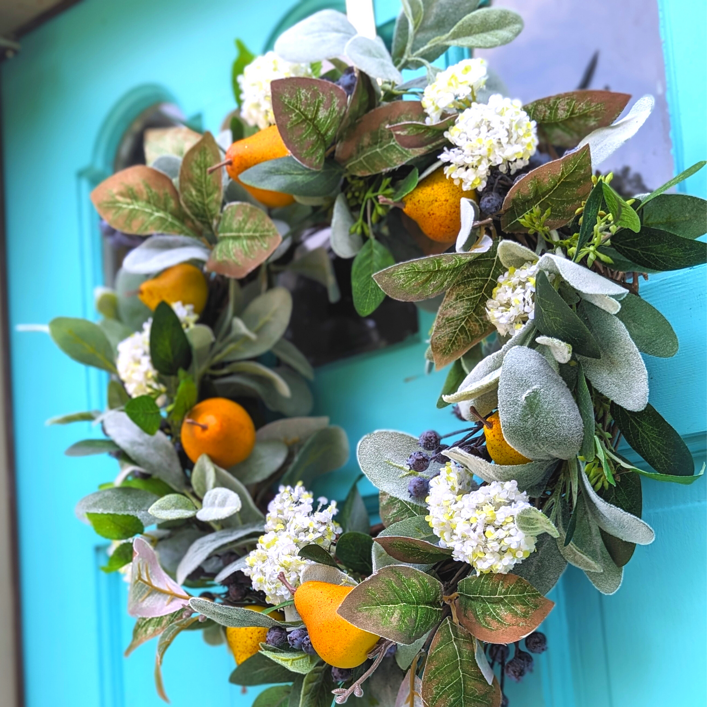 Rustic Fall Wreath with Pear and Blueberry | Faux Fruit and Greenery | Autumn Wreath | Thanksgiving Decor