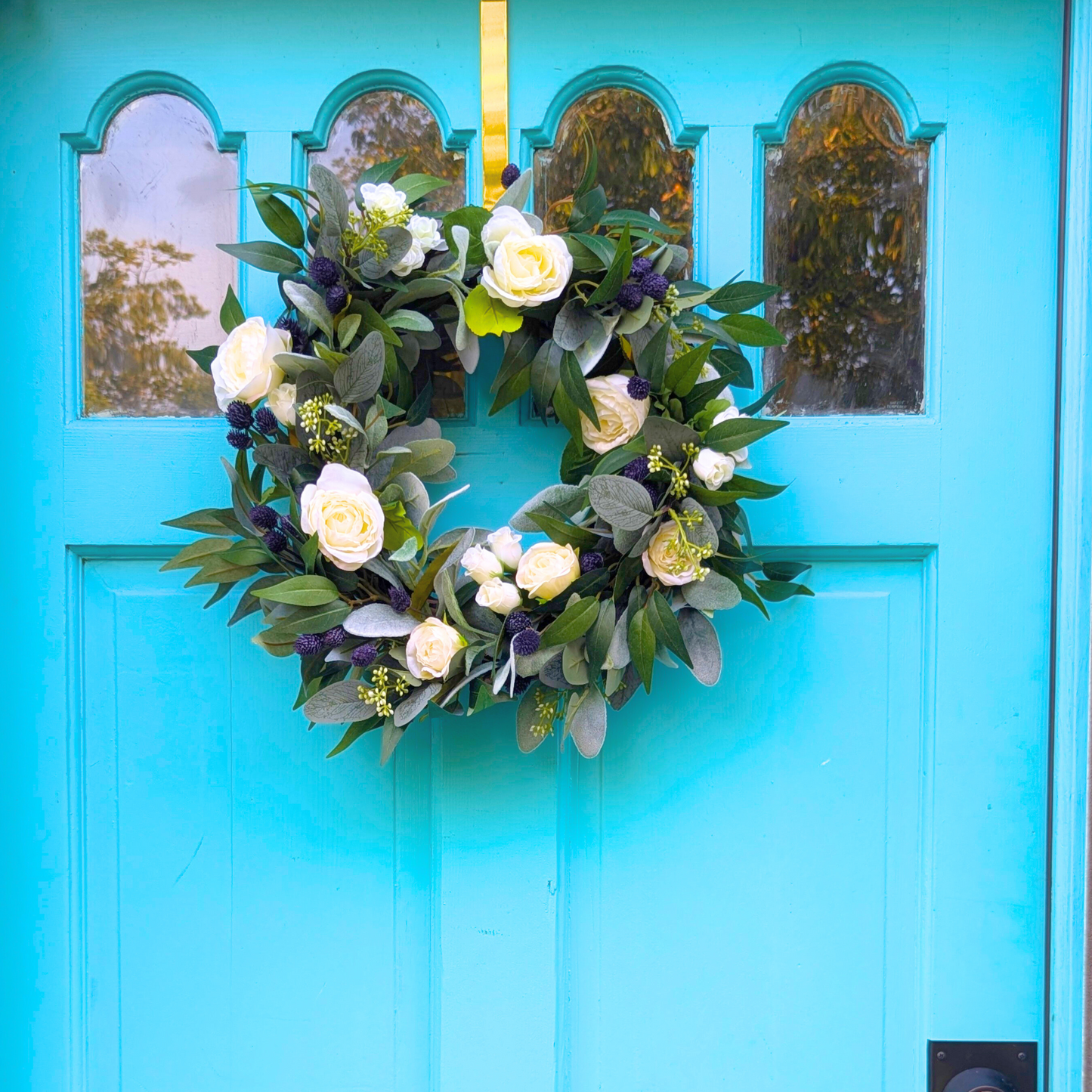 Navy and White Rose Eucalyptus Wreath for Front Door, Winter White Wreath, Winter Front Porch Decor, Winter Wreath for Christmas