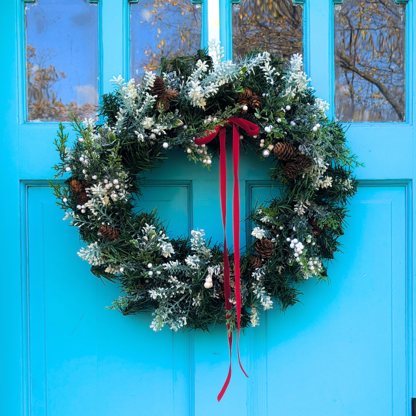 Rustic Winter Greenery Wreath with Pinecones and White Berries - Handmade Holiday Decor, White Christmas Wreath